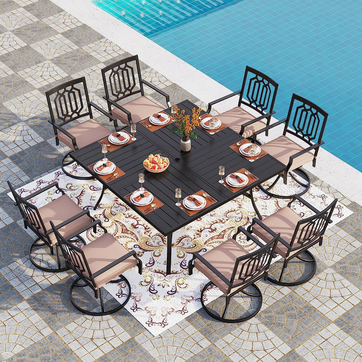 9 Piece Patio Furniture Set Outdoor Dining Table Swivel Chairs Sets
