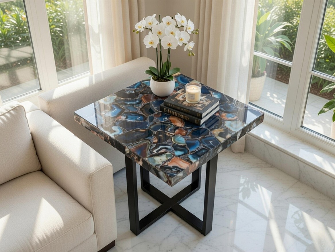 Black Agate Square Corner Table Top – Natural Stone Luxury Side Table, Handmade