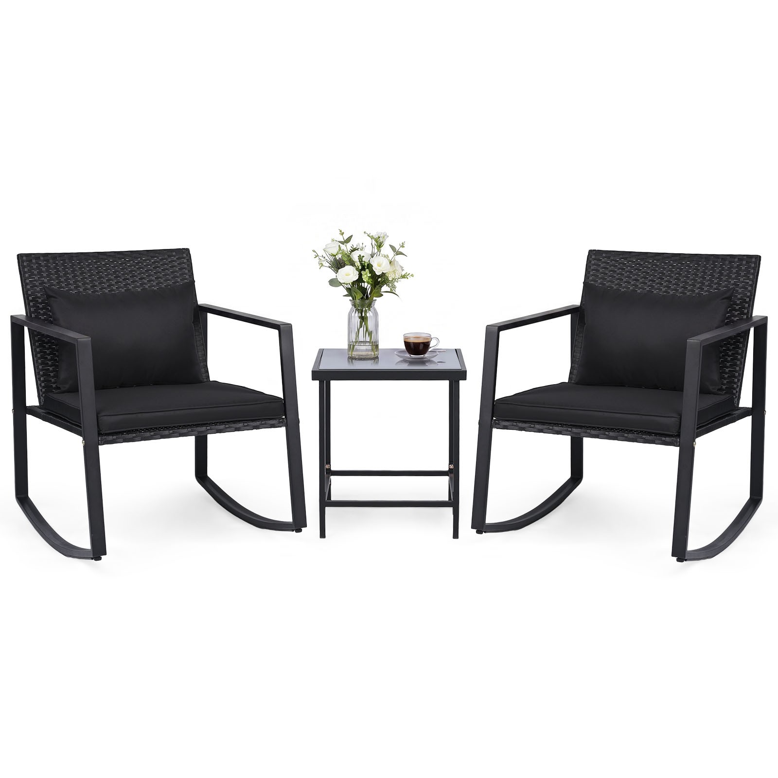 3-Piece Outdoor Rocking Bistro Set Patio Rocking Chairs & Coffee Table Set