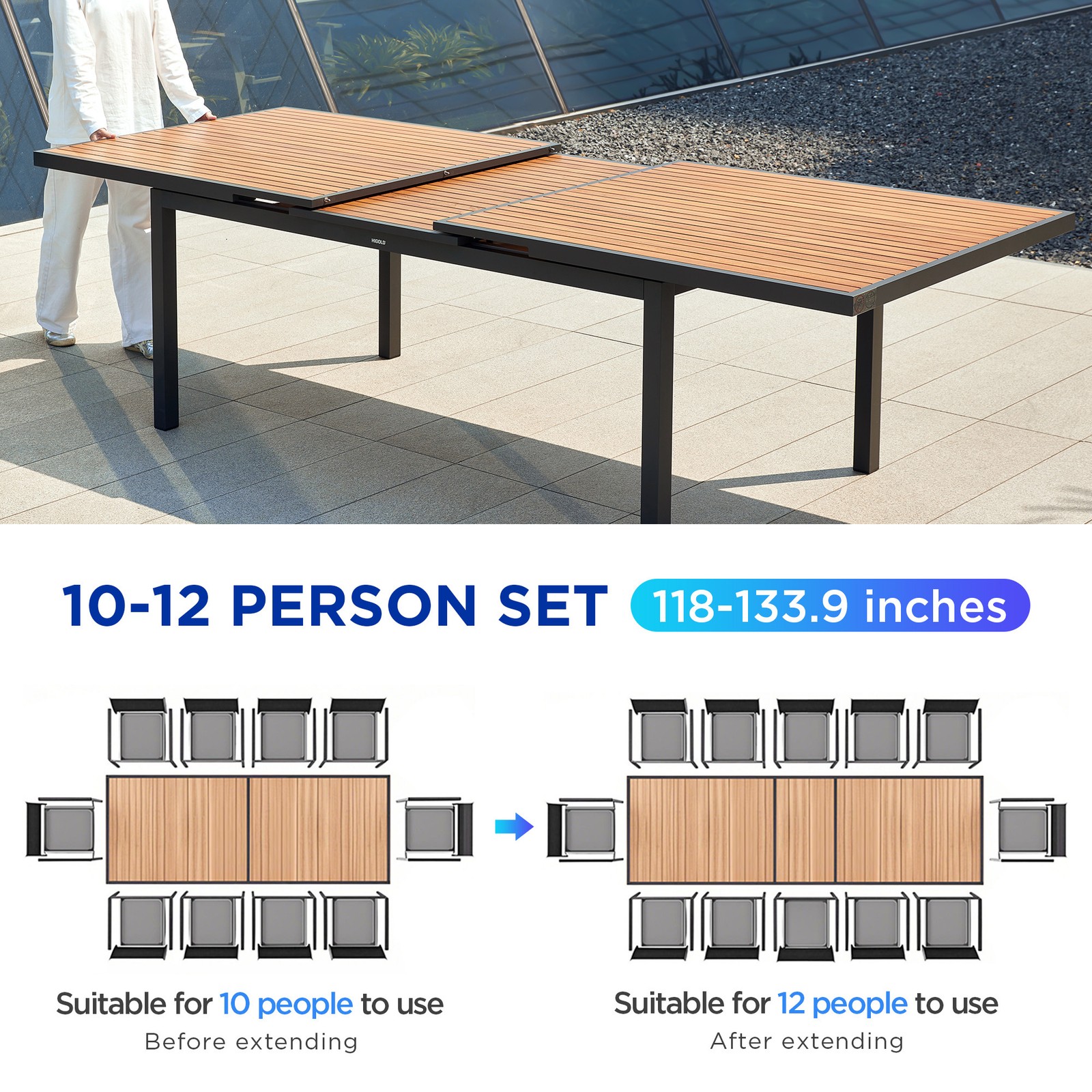 HIGOLD – Heck 13-Piece FSC Teak Patio Dining Set for 12, Extendable Dining Table
