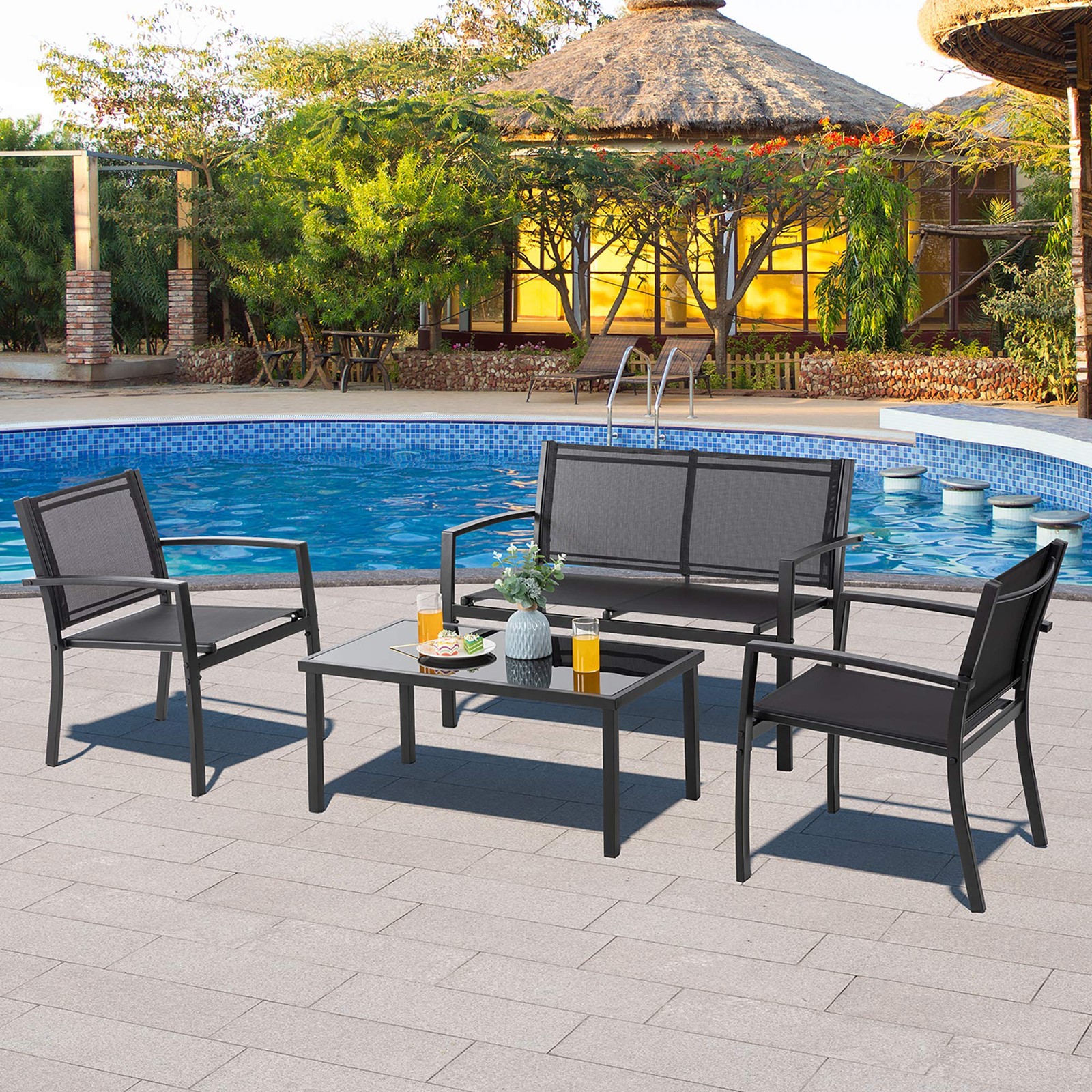 Outdoor Patio Coffee Glass Table Bench and 2 Chairs Furniture Set Clearance Sale