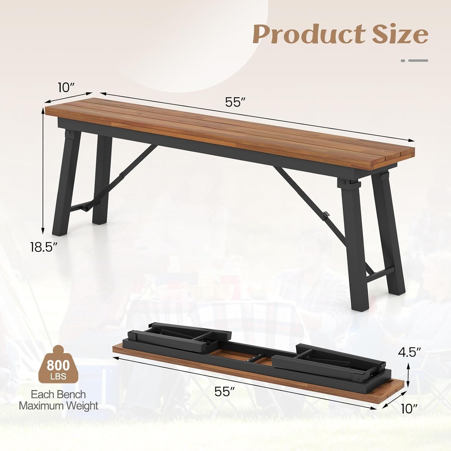 Outdoor Folding Bench Set of 2, 55” 2-3 Person Acacia Wood Backless Patio Dining