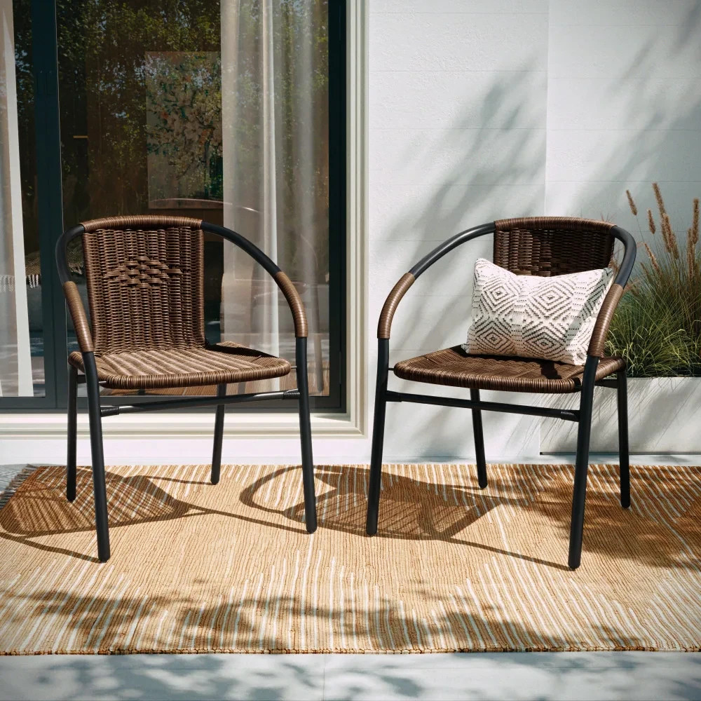 Stackable Patio Chairs Set 2 Outdoor Dining Porch Garden Brown Rattan Bistro New