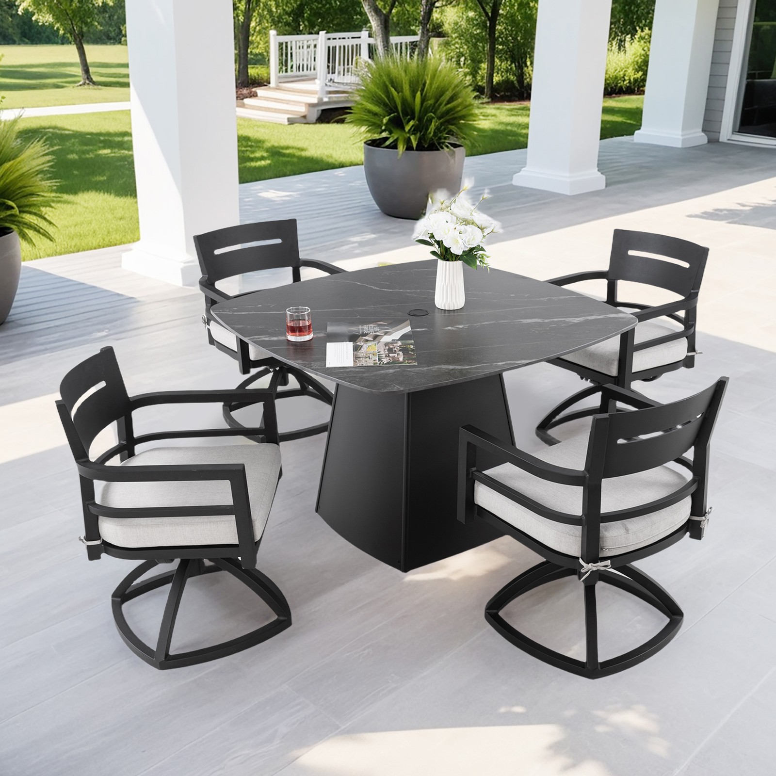 5-Piece Outdoor Dining Set, 44″ Sintered Stone Table & 4 Swivel Rockers