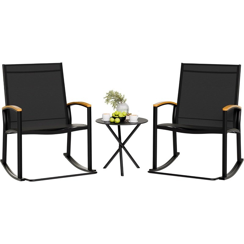 3 Piece Outdoor Rocking Bistro Set, Textilene Fabric Small Patio Furniture Set