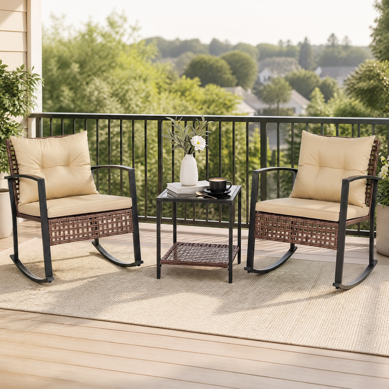 3-Piece Outdoor Rocking Chair Set with 2 Chairs & 2-Tier Glass-Top Coffee Table
