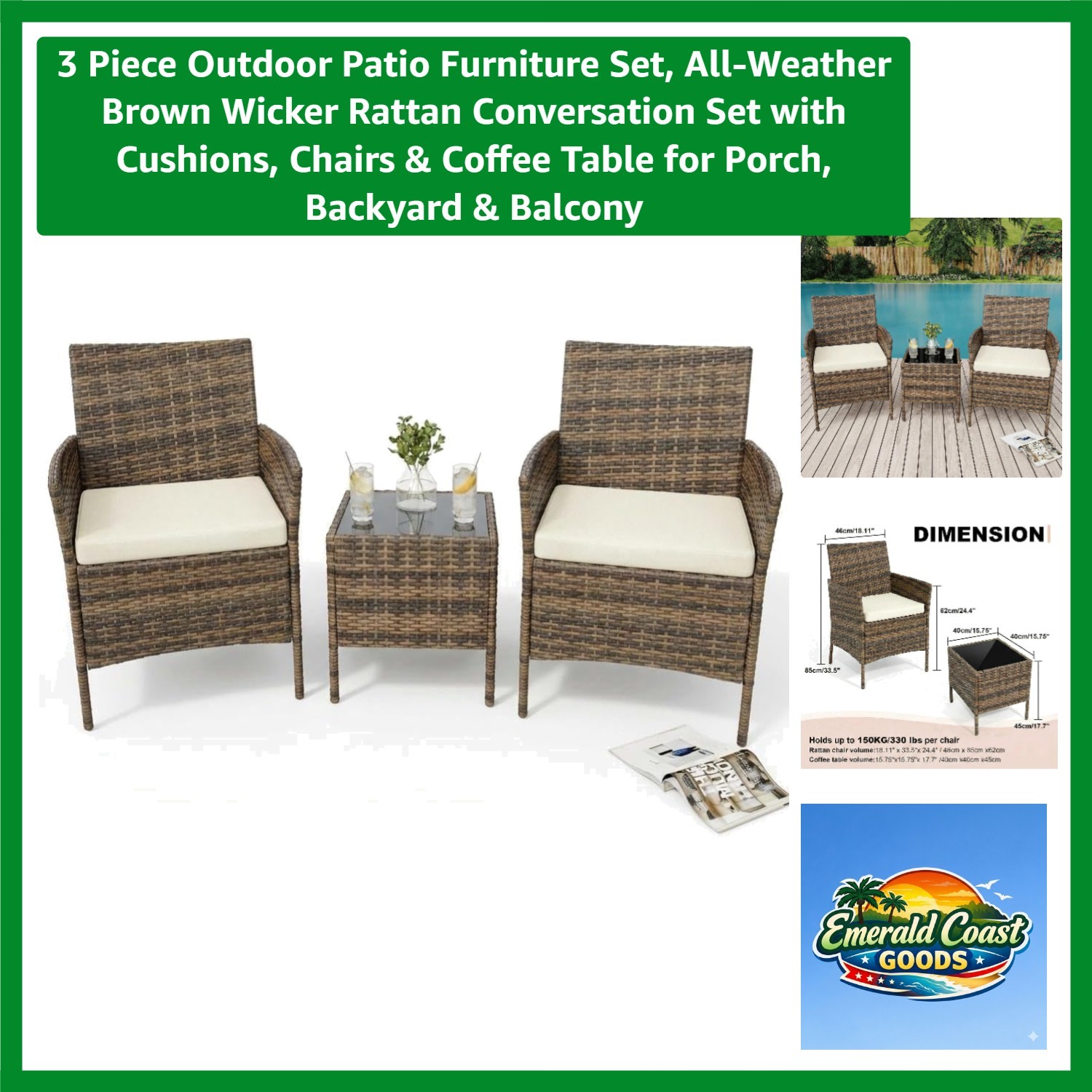 Elegant 3-Piece Outdoor Patio Set in Brown Wicker with Cushions & Coffee Table