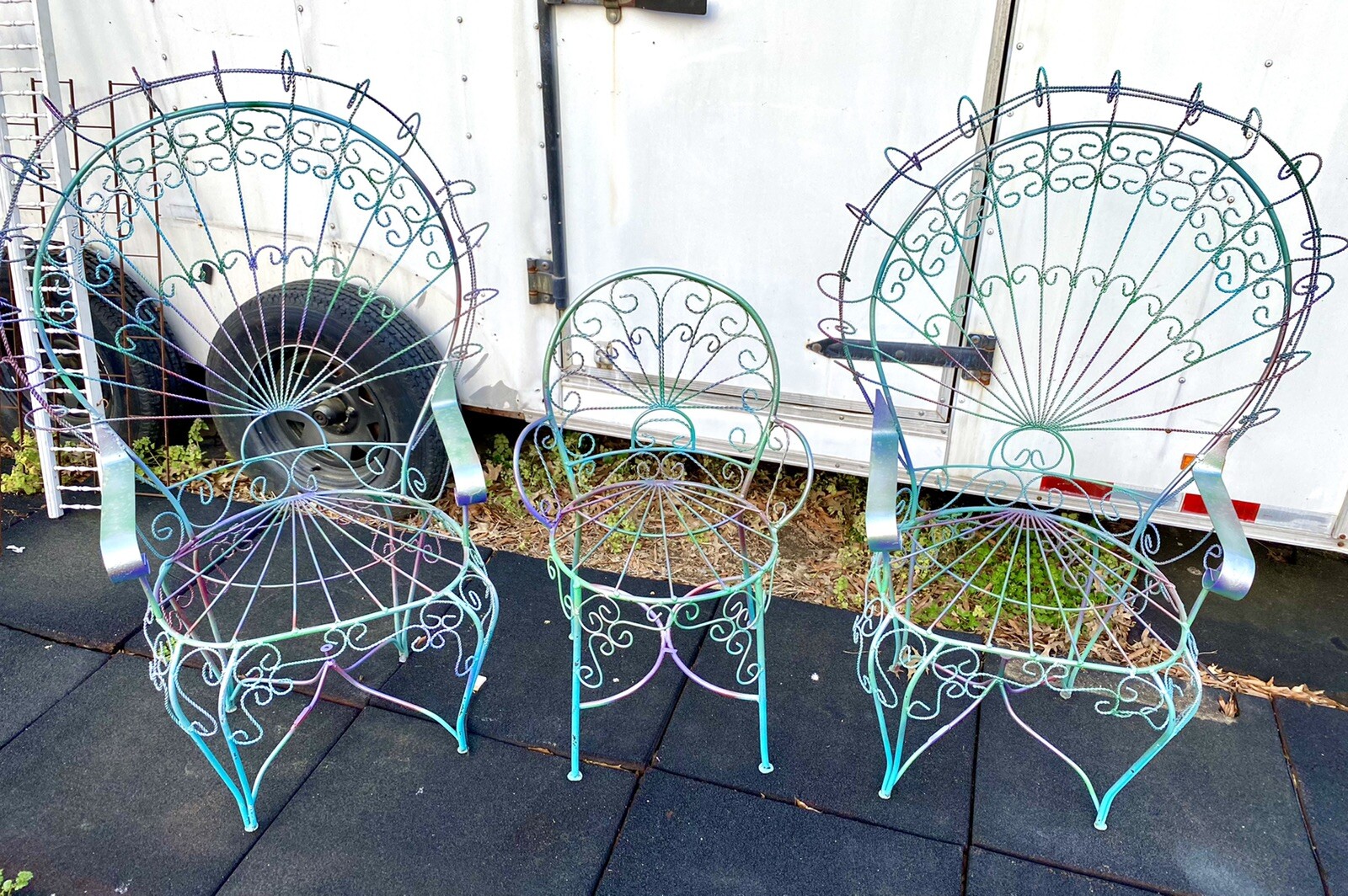 Set Of 3 vintage iron peacock chairs 2 Adults 1 Child