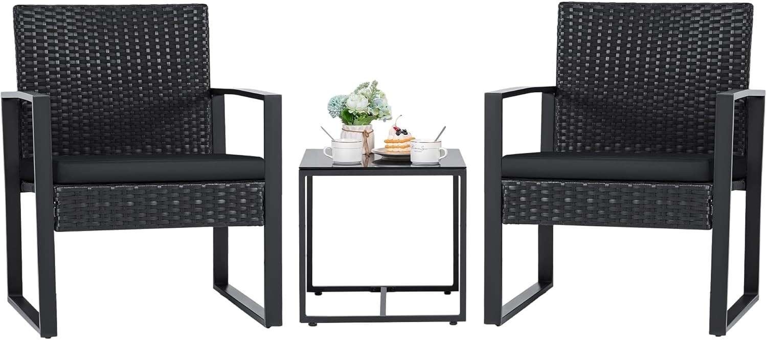 Durable 3-Piece Black Rattan Chair Set with Coffee Table for Outdoor Relaxation